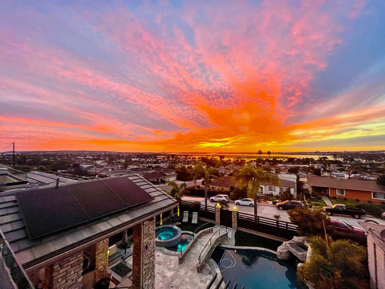 Sunset over the bay from the upper terrace