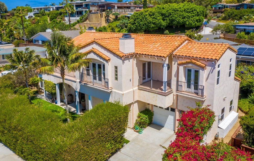 Aerial view of the Spanish-tile residence in North Pacific Beach